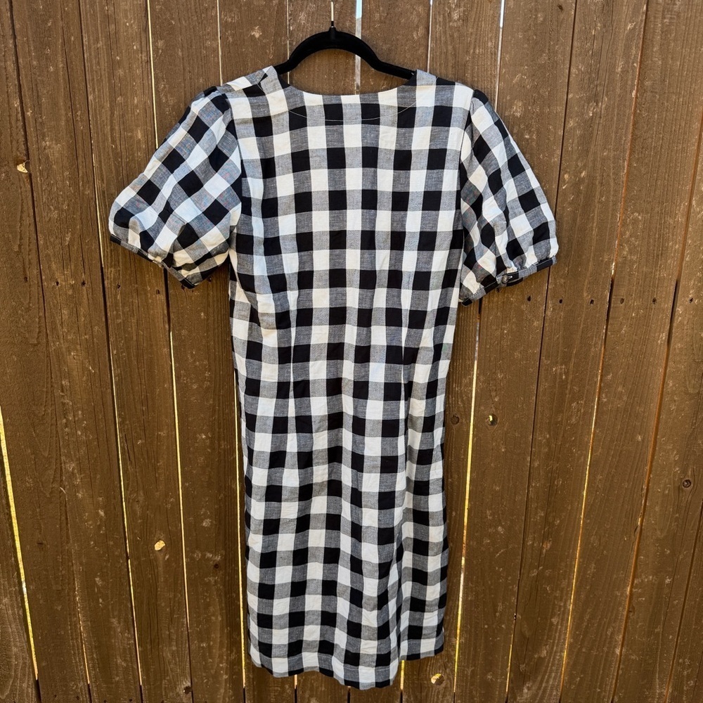LOFT Black White Gingham Linen Blend Puff Sleeve Button Front Dress Size 4 - Picture 2 of 6